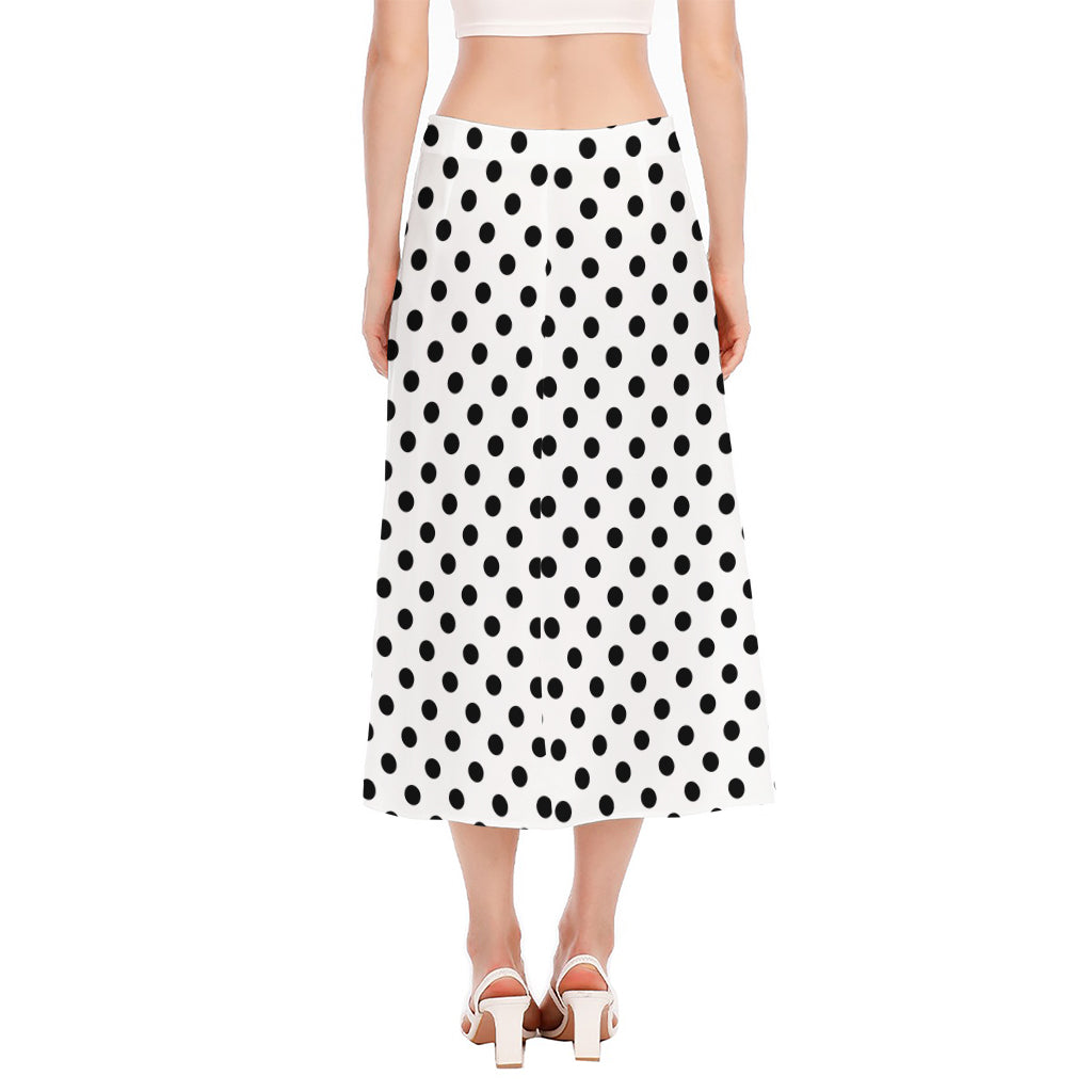 White And Black Polka Dot Pattern Print Side Slit Midi Skirt
