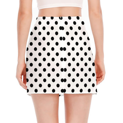 White And Black Polka Dot Pattern Print Side Slit Mini Skirt