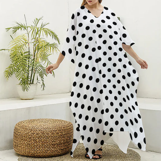 White And Black Polka Dot Pattern Print Silk V-Neck Kaftan Dress