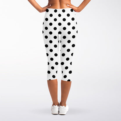 White And Black Polka Dot Pattern Print Women's Capri Leggings