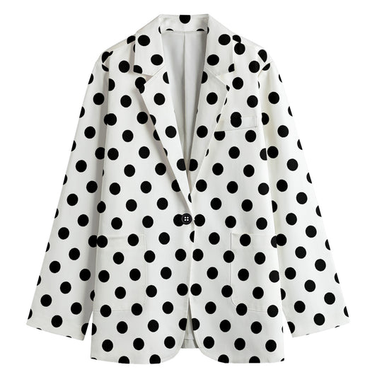 White And Black Polka Dot Pattern Print Women's Cotton Blazer