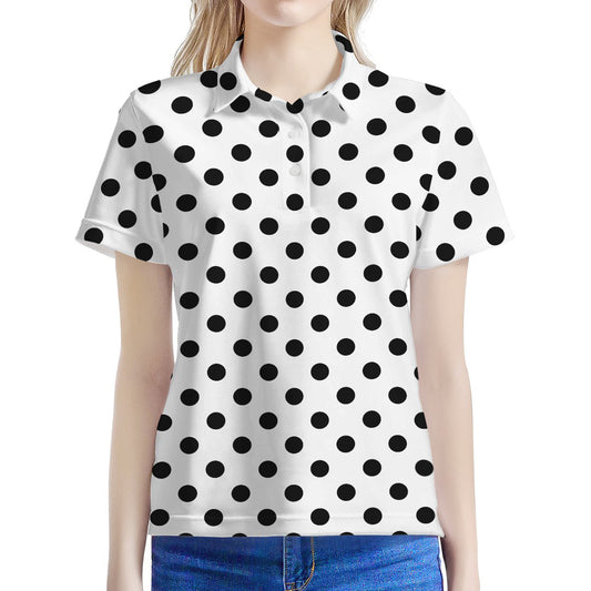 White And Black Polka Dot Pattern Print Women's Polo Shirt