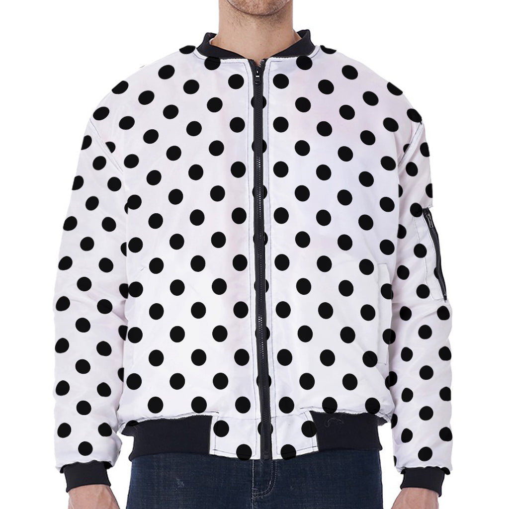 White And Black Polka Dot Pattern Print Zip Sleeve Bomber Jacket