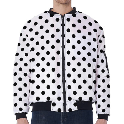 White And Black Polka Dot Pattern Print Zip Sleeve Bomber Jacket