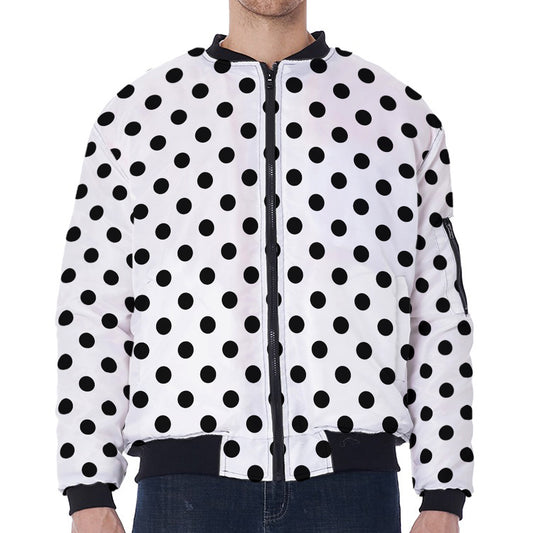 White And Black Polka Dot Pattern Print Zip Sleeve Bomber Jacket