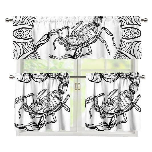 White And Black Scorpio Sign Print 3 Piece Kitchen Curtains