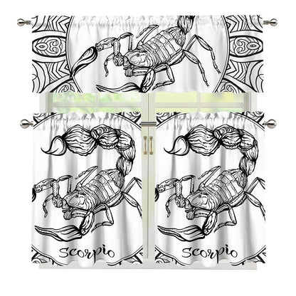 White And Black Scorpio Sign Print 3 Piece Kitchen Curtains