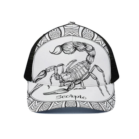 White And Black Scorpio Sign Print Black Mesh Trucker Cap