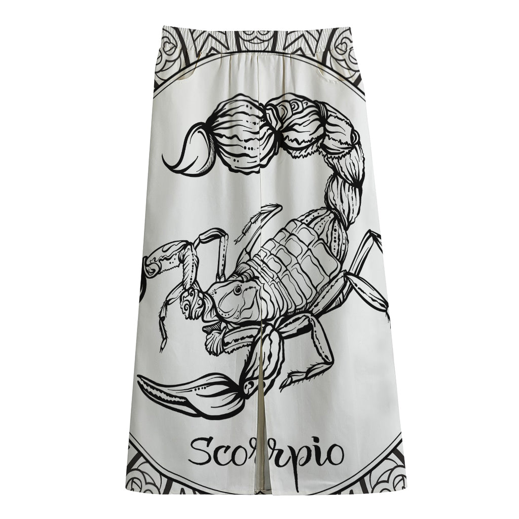White And Black Scorpio Sign Print Cotton Front Slit Maxi Skirt