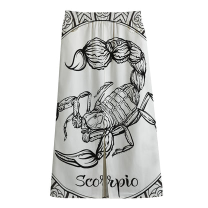 White And Black Scorpio Sign Print Cotton Front Slit Maxi Skirt
