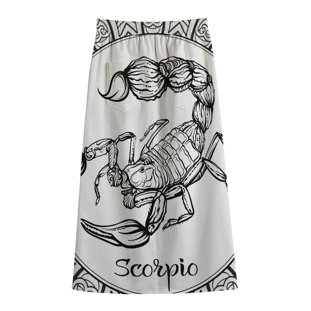 White And Black Scorpio Sign Print Cotton Front Slit Maxi Skirt
