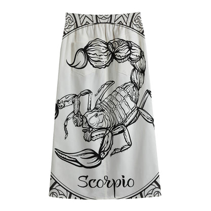 White And Black Scorpio Sign Print Cotton Front Slit Maxi Skirt