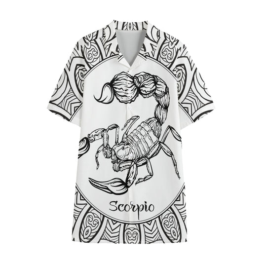 White And Black Scorpio Sign Print Cotton Hawaiian Shirt
