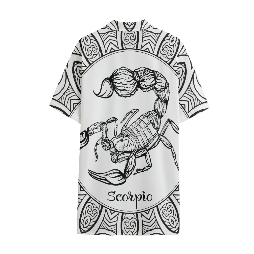 White And Black Scorpio Sign Print Cotton Hawaiian Shirt