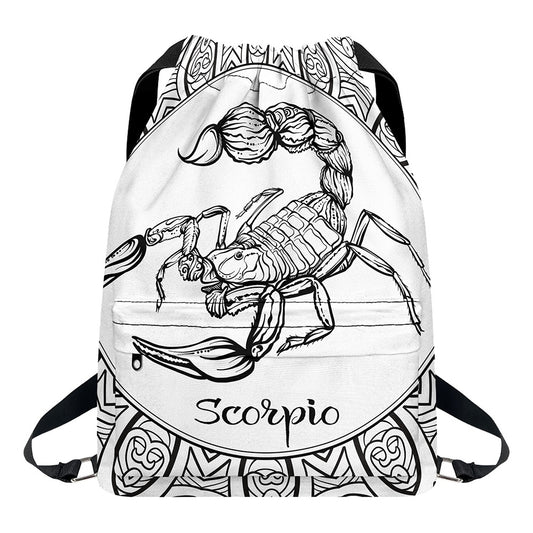 White And Black Scorpio Sign Print Drawstring Backpack