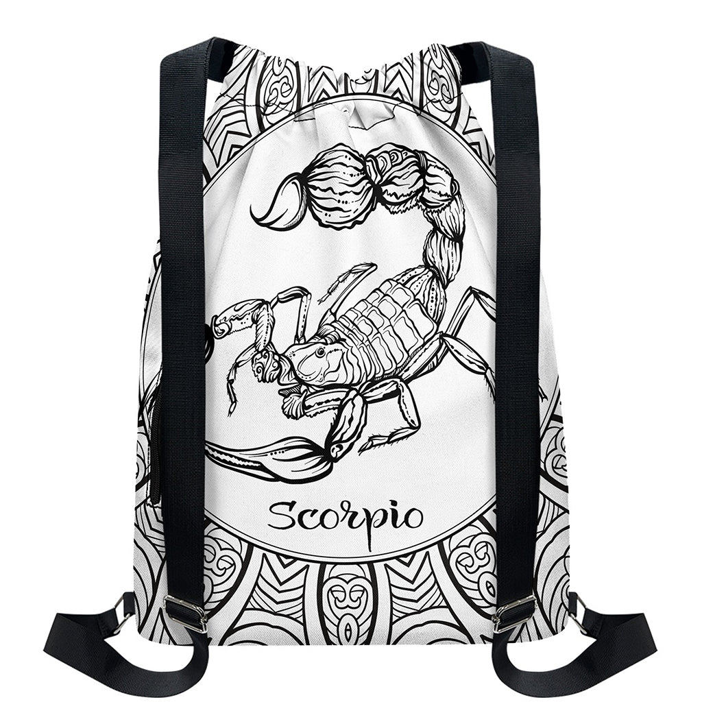 White And Black Scorpio Sign Print Drawstring Backpack