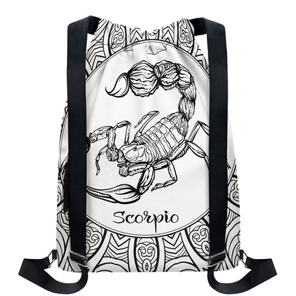 White And Black Scorpio Sign Print Drawstring Backpack