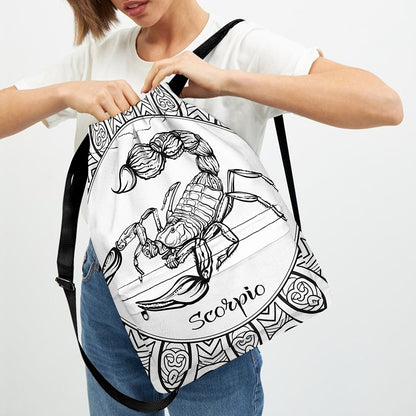 White And Black Scorpio Sign Print Drawstring Backpack