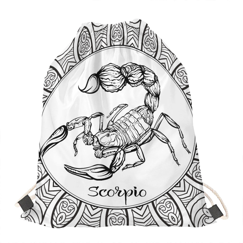 White And Black Scorpio Sign Print Drawstring Bag