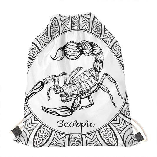 White And Black Scorpio Sign Print Drawstring Bag