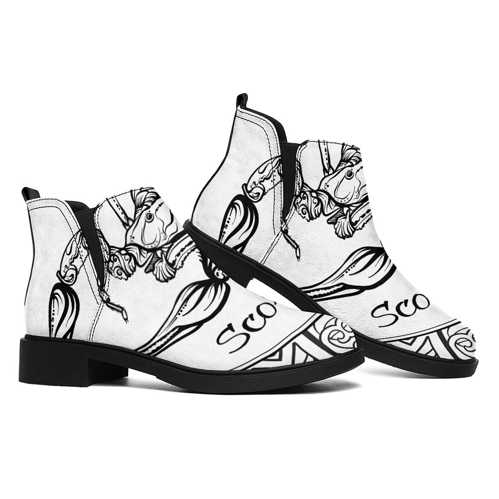 White And Black Scorpio Sign Print Flat Ankle Boots