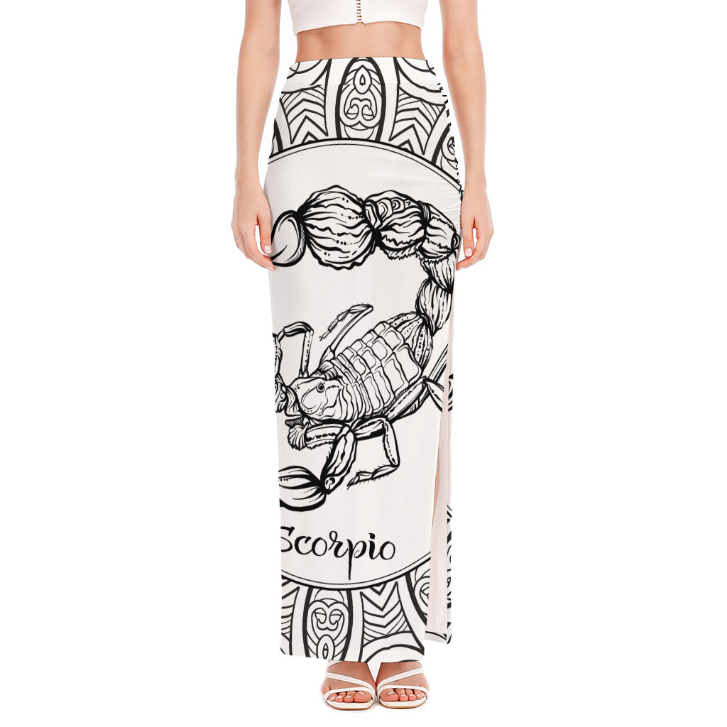 White And Black Scorpio Sign Print High Slit Maxi Skirt