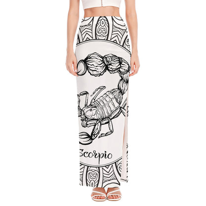 White And Black Scorpio Sign Print High Slit Maxi Skirt