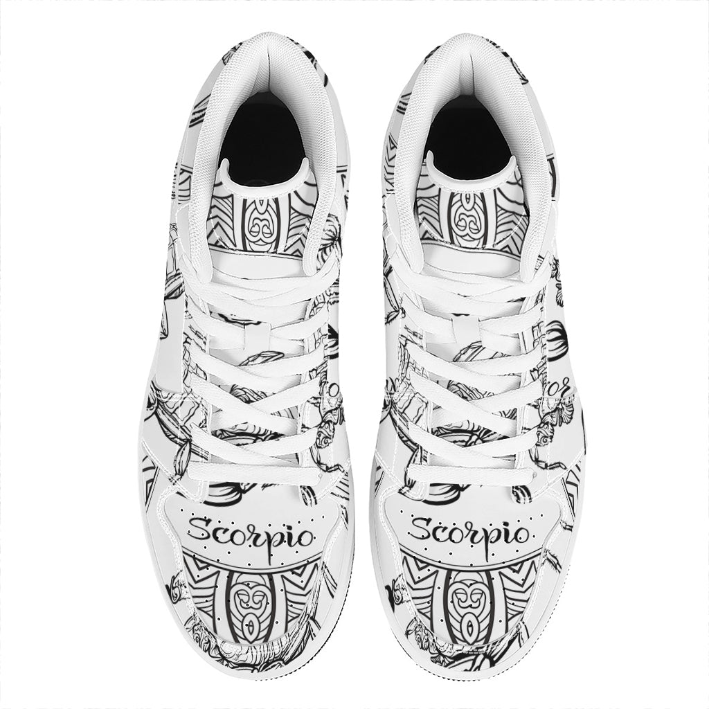 White And Black Scorpio Sign Print High Top Leather Sneakers