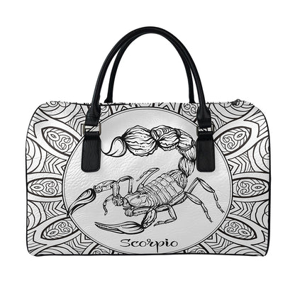 White And Black Scorpio Sign Print Leather Duffle Bag