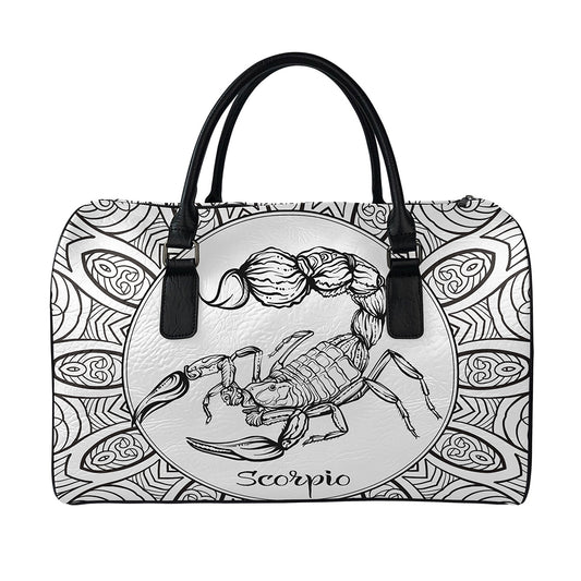 White And Black Scorpio Sign Print Leather Duffle Bag