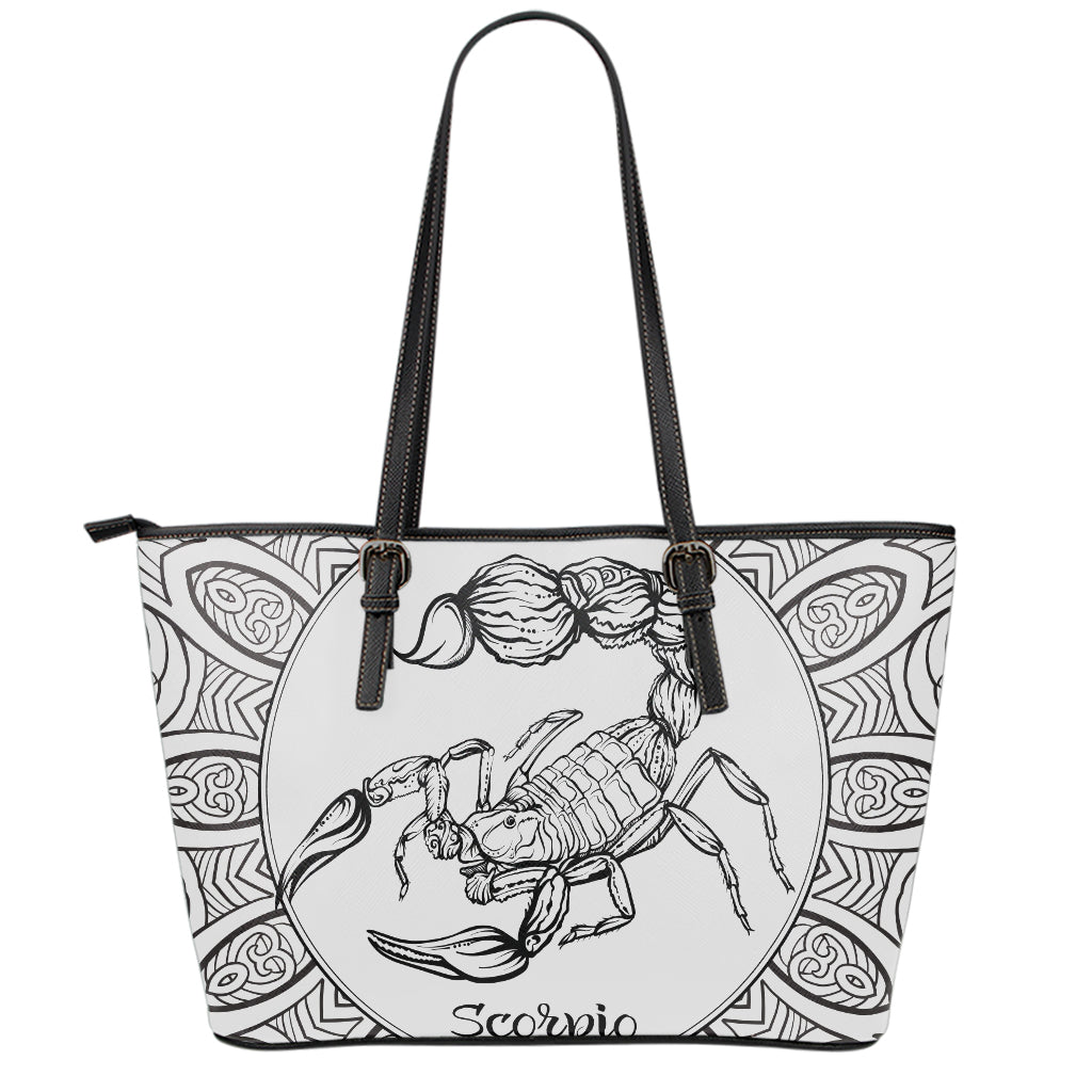 White And Black Scorpio Sign Print Leather Tote Bag