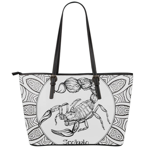 White And Black Scorpio Sign Print Leather Tote Bag