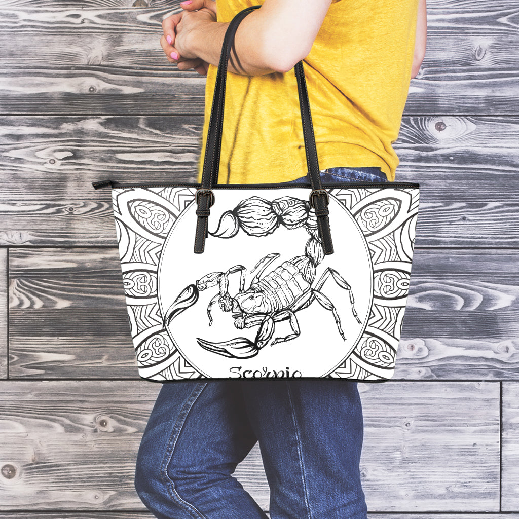 White And Black Scorpio Sign Print Leather Tote Bag