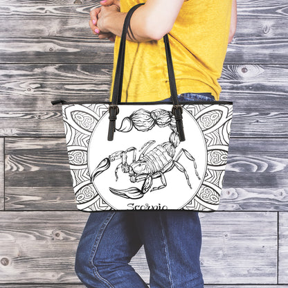 White And Black Scorpio Sign Print Leather Tote Bag