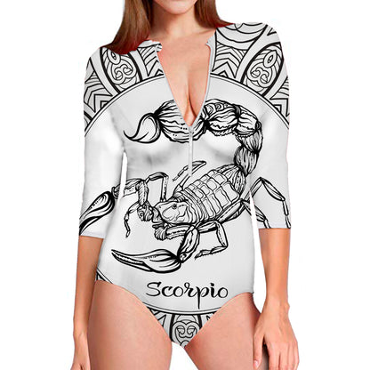 White And Black Scorpio Sign Print Long Sleeve Swimsuit