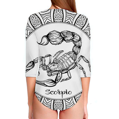 White And Black Scorpio Sign Print Long Sleeve Swimsuit