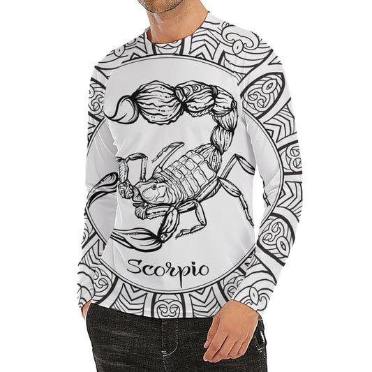 White And Black Scorpio Sign Print Men's Long Sleeve Rash Guard