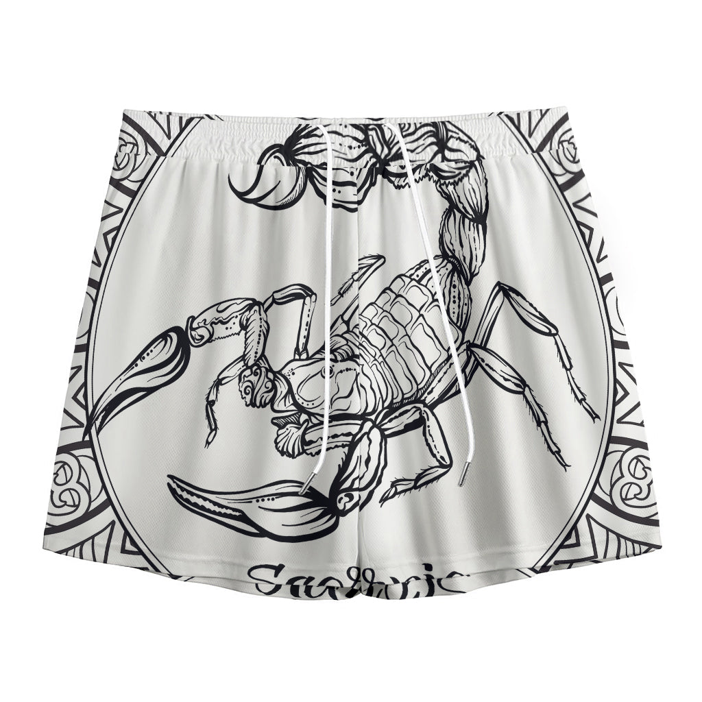White And Black Scorpio Sign Print Mesh Shorts