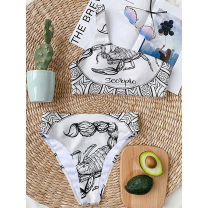 White And Black Scorpio Sign Print One Shoulder Bikini Top
