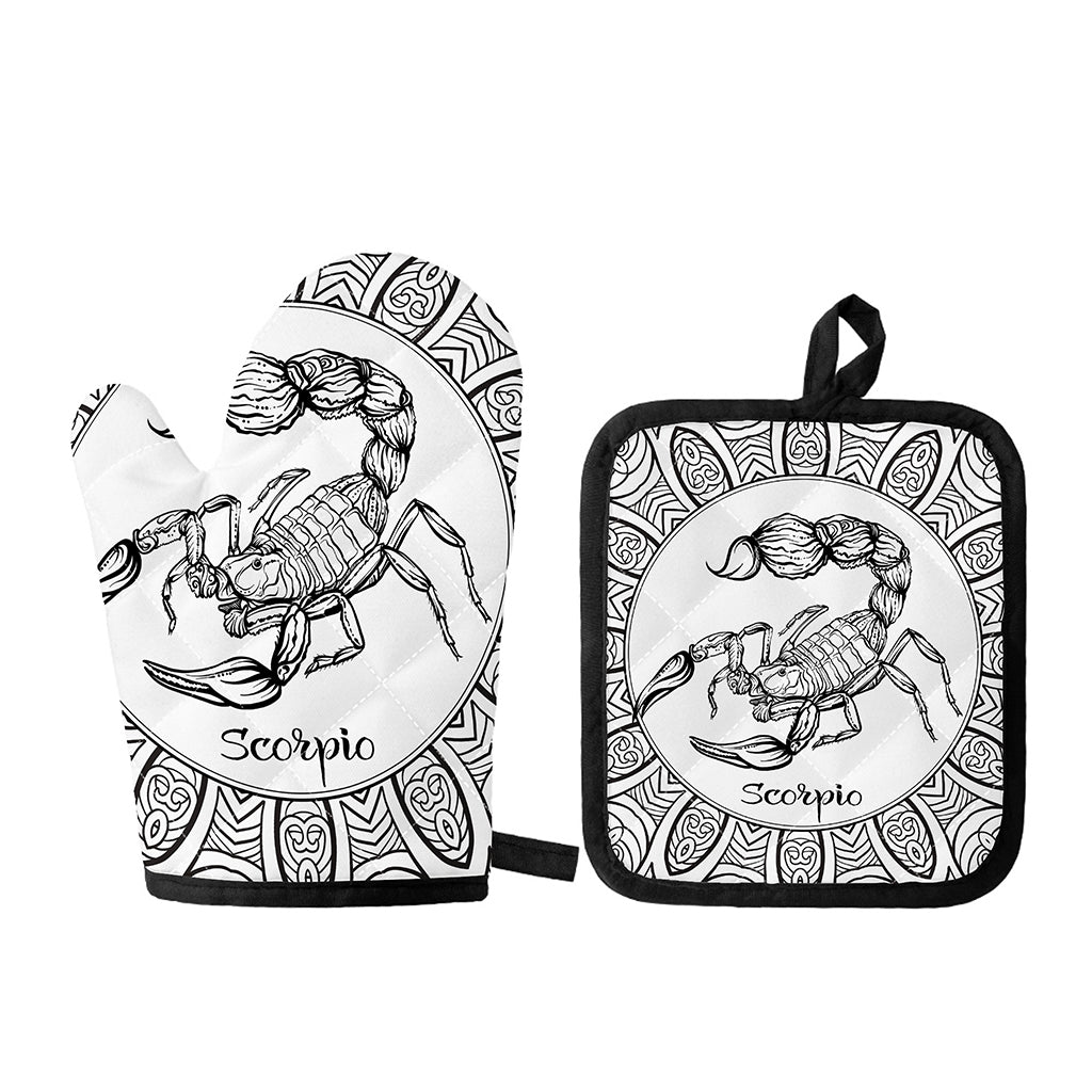 White And Black Scorpio Sign Print Oven Mitt And Pot Holder Set