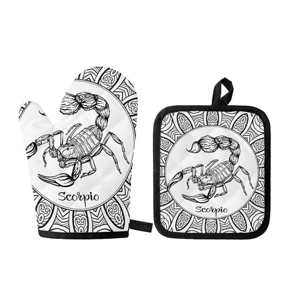 White And Black Scorpio Sign Print Oven Mitt And Pot Holder Set