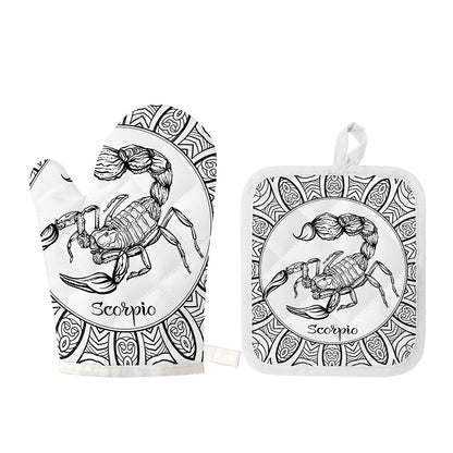 White And Black Scorpio Sign Print Oven Mitt And Pot Holder Set