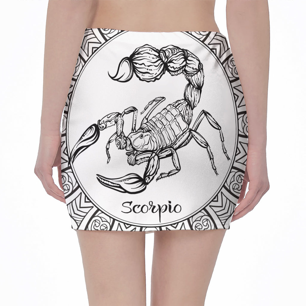 White And Black Scorpio Sign Print Pencil Mini Skirt