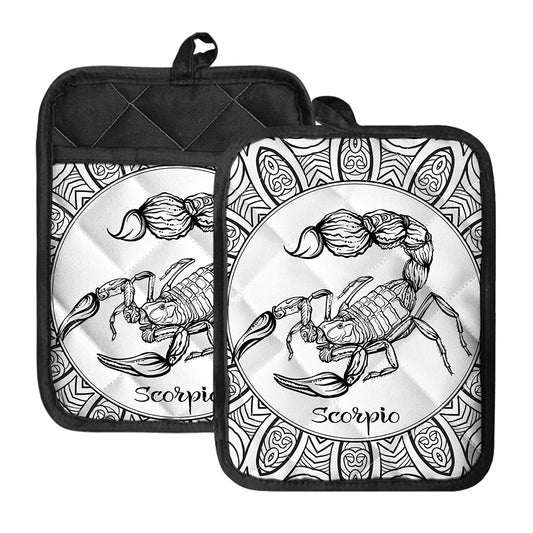 White And Black Scorpio Sign Print Pot Holders With Pocket