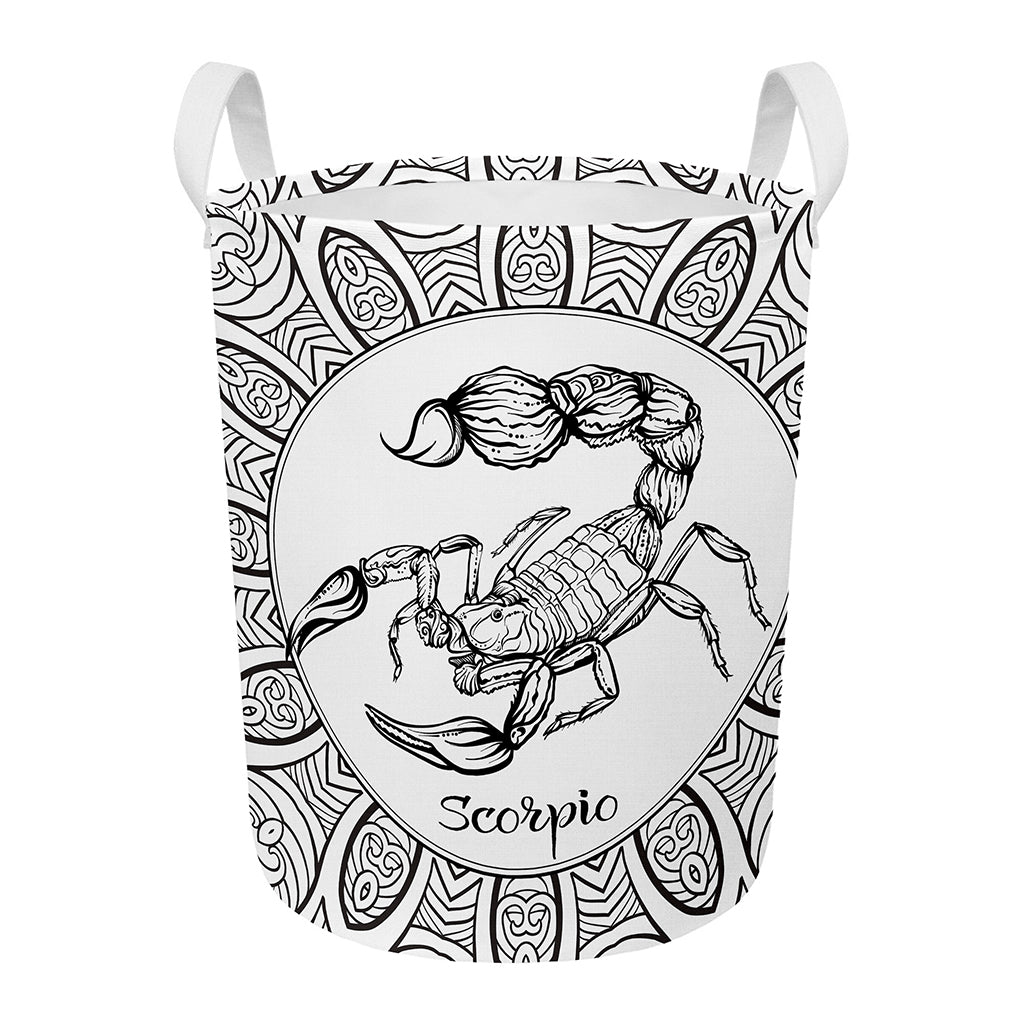 White And Black Scorpio Sign Print Round Laundry Basket