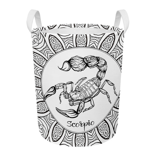 White And Black Scorpio Sign Print Round Laundry Basket