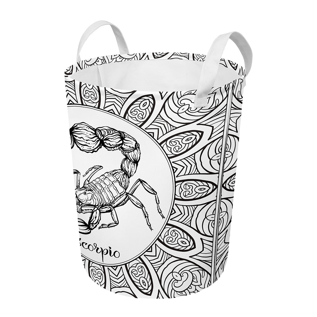White And Black Scorpio Sign Print Round Laundry Basket