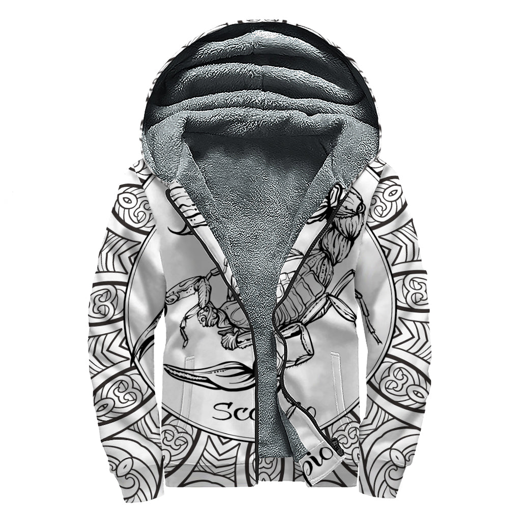 White And Black Scorpio Sign Print Sherpa Lined Zip Up Hoodie