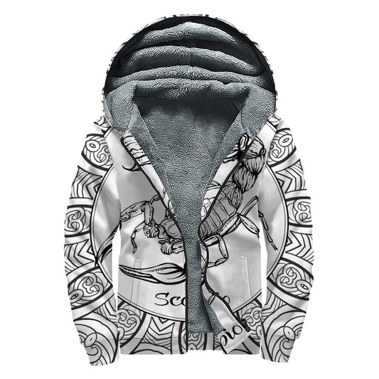 White And Black Scorpio Sign Print Sherpa Lined Zip Up Hoodie