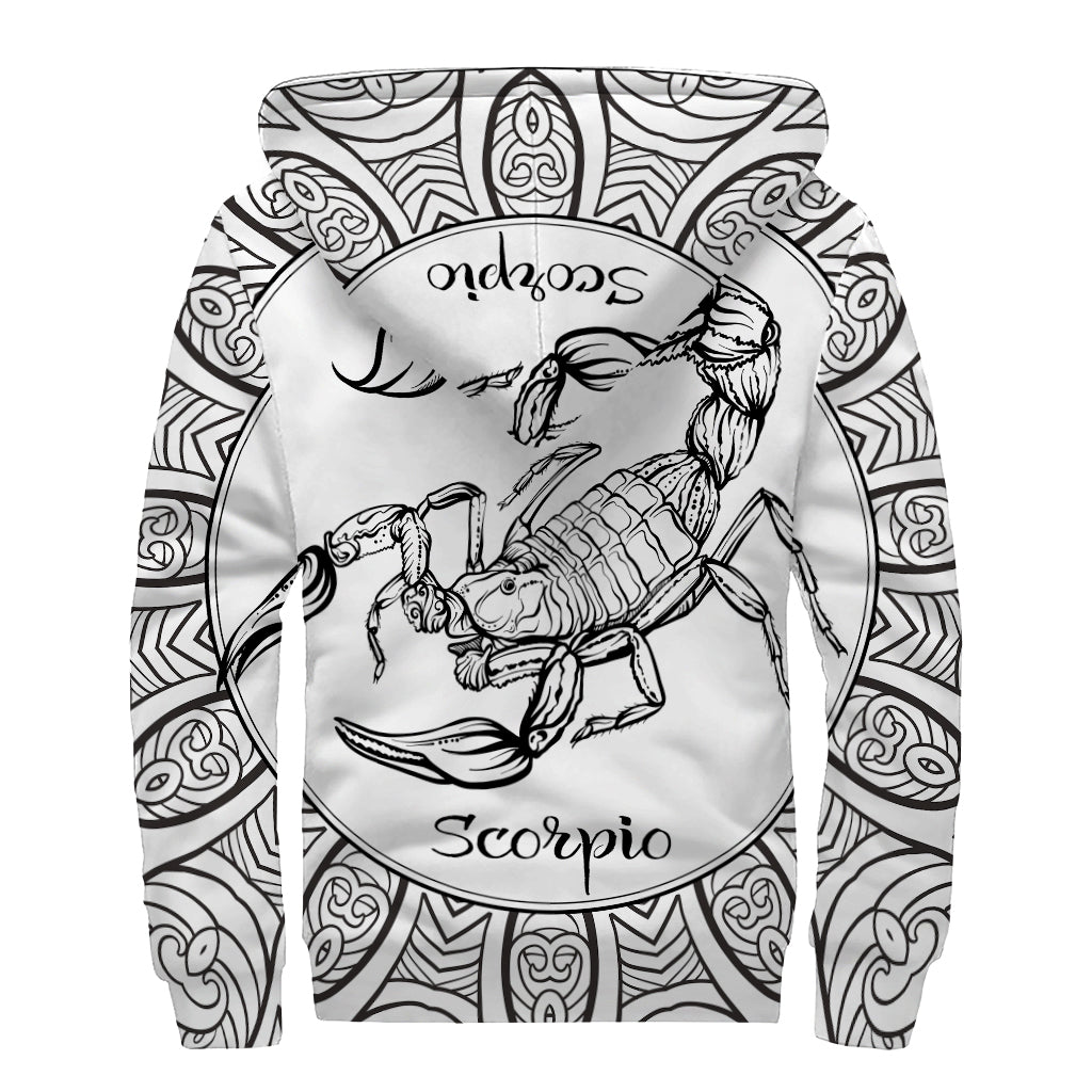 White And Black Scorpio Sign Print Sherpa Lined Zip Up Hoodie